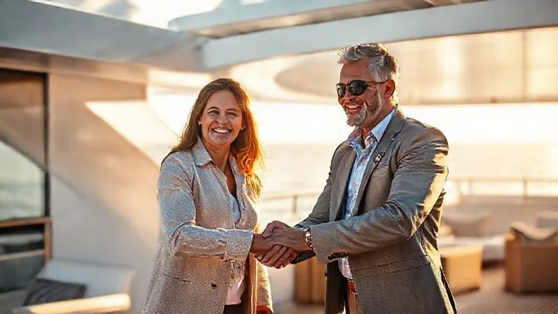 A photorealistic image of a luxury travel client, smiling genuinely, shaking hands with their concierge in a beautiful, sunlit setting (e.g., a yacht deck or a private villa terrace), conveying renewed trust and a strong bond, professional photography, 8K, cinematic lighting, sharp focus, depth of field, shot on a high-end DSLR. A photorealistic image of a luxury travel client, smiling genuinely, shaking hands with their concierge in a beautiful, sunlit setting (e.g., a yacht deck or a private villa terrace), conveying renewed trust and a strong bond, professional photography, 8K, cinematic lighting, sharp focus, depth of field, shot on a high-end DSLR.