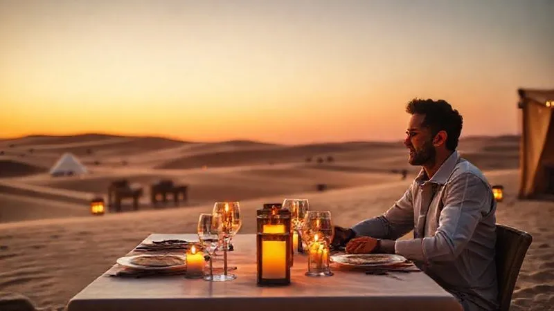 photorealistic, professional photography, 8K, cinematic lighting, sharp focus, depth of field, shot on a high-end DSLR, a sophisticated couple enjoying a private, exclusive dinner in a luxurious desert camp at sunset, with traditional lanterns and elegant table settings, far from the crowd, symbolizing a successful pivot from a cancelled festival. photorealistic, professional photography, 8K, cinematic lighting, sharp focus, depth of field, shot on a high-end DSLR, a sophisticated couple enjoying a private, exclusive dinner in a luxurious desert camp at sunset, with traditional lanterns and elegant table settings, far from the crowd, symbolizing a successful pivot from a cancelled festival.