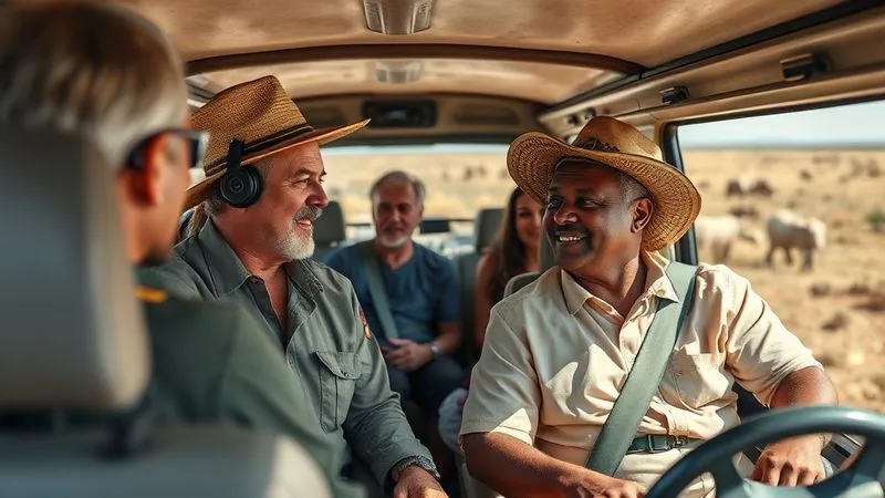Photorealistic, professional photography, 8K, cinematic lighting, sharp focus, depth of field, shot on a high-end DSLR, a safari guide speaking earnestly and reassuringly to a small group of attentive tourists in a modern, clean safari vehicle, with a clear, calm African landscape in the background, conveying trust and transparent communication.