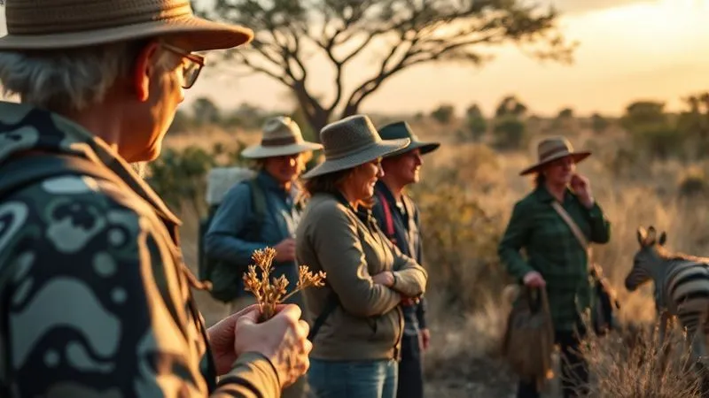 Photorealistic, professional photography, 8K, cinematic lighting, sharp focus, depth of field, shot on a high-end DSLR, a small group of tourists engaged in a guided walking safari, observing smaller wildlife and unique flora with a knowledgeable local guide, capturing a sense of intimate, diversified adventure beyond traditional game drives.