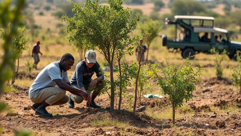 Photorealistic, professional photography, 8K, cinematic lighting, sharp focus, depth of field, shot on a high-end DSLR, a dedicated team of conservationists and local community members actively planting indigenous trees in a restored savanna landscape, with a safari vehicle visible in the background, symbolizing investment in long-term environmental sustainability and community involvement.