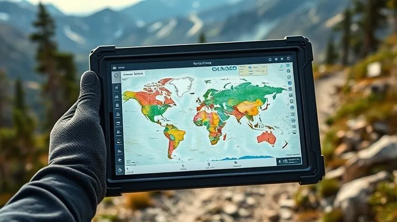 A photorealistic image of a rugged tablet displaying a digital map overlayed with ecological data, held in a gloved hand against a backdrop of a pristine mountain trail, cinematic lighting, 8K, sharp focus, depth of field. A photorealistic image of a rugged tablet displaying a digital map overlayed with ecological data, held in a gloved hand against a backdrop of a pristine mountain trail, cinematic lighting, 8K, sharp focus, depth of field.
