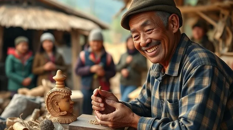 A photorealistic image of a local artisan in a remote village, smiling warmly while meticulously carving a wooden souvenir, surrounded by natural materials. In the background, a small group of eco-tourists respectfully observing, cinematic lighting, 8K, sharp focus, depth of field. A photorealistic image of a local artisan in a remote village, smiling warmly while meticulously carving a wooden souvenir, surrounded by natural materials. In the background, a small group of eco-tourists respectfully observing, cinematic lighting, 8K, sharp focus, depth of field.