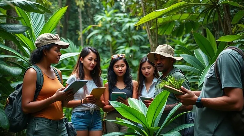 A photorealistic image of a diverse group of eco-tourists intently listening to a local guide, who is pointing to a unique plant species in a vibrant, untouched rainforest. The tourists are holding notebooks, engaged and respectful, cinematic lighting, 8K, sharp focus, depth of field. A photorealistic image of a diverse group of eco-tourists intently listening to a local guide, who is pointing to a unique plant species in a vibrant, untouched rainforest. The tourists are holding notebooks, engaged and respectful, cinematic lighting, 8K, sharp focus, depth of field.