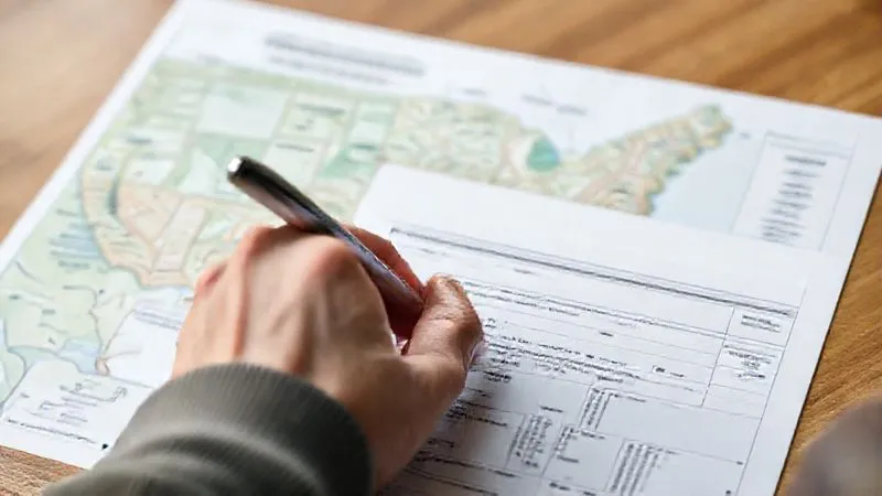 A close-up, photorealistic image of a hand filling out a complex government permit application form, with a national park map subtly blurred in the background. Professional photography, 8K, cinematic lighting, sharp focus, depth of field, shot on a high-end DSLR. A close-up, photorealistic image of a hand filling out a complex government permit application form, with a national park map subtly blurred in the background. Professional photography, 8K, cinematic lighting, sharp focus, depth of field, shot on a high-end DSLR.