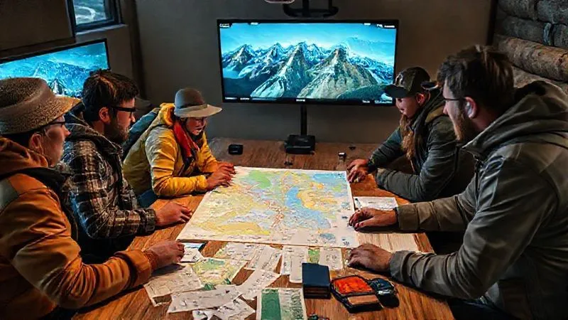 A photorealistic image of a diverse team of outdoor adventure guides collaboratively planning a multi-park road trip, looking at digital maps on large screens and physical permits spread across a table, emphasizing teamwork and technology. Professional photography, 8K, cinematic lighting, sharp focus, depth of field, shot on a high-end DSLR. A photorealistic image of a diverse team of outdoor adventure guides collaboratively planning a multi-park road trip, looking at digital maps on large screens and physical permits spread across a table, emphasizing teamwork and technology. Professional photography, 8K, cinematic lighting, sharp focus, depth of field, shot on a high-end DSLR.
