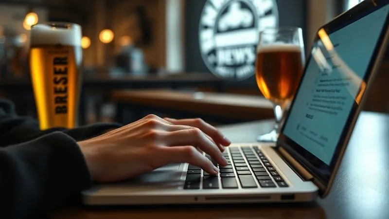 A photorealistic image of a person typing a thoughtful email on a laptop, with a craft beer tasting glass and a brewery's logo subtly visible in the background, cinematic lighting, sharp focus on the hands and screen, depth of field, 8K hyper-detailed, professional photography, shot on a high-end DSLR. A photorealistic image of a person typing a thoughtful email on a laptop, with a craft beer tasting glass and a brewery's logo subtly visible in the background, cinematic lighting, sharp focus on the hands and screen, depth of field, 8K hyper-detailed, professional photography, shot on a high-end DSLR.