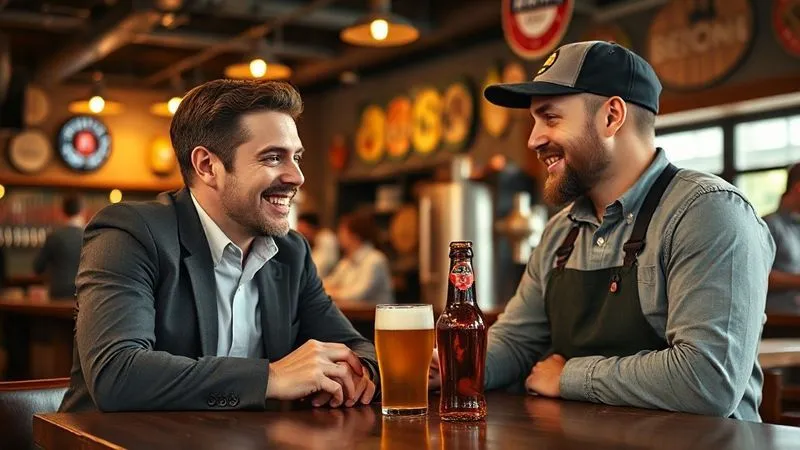 A photorealistic image of a friendly, engaging conversation between a well-dressed craft beer enthusiast and a brewer in a bustling taproom, with a rare beer bottle on the table. The lighting is warm and inviting, sharp focus on their interaction, depth of field, 8K hyper-detailed, professional photography, shot on a high-end DSLR. A photorealistic image of a friendly, engaging conversation between a well-dressed craft beer enthusiast and a brewer in a bustling taproom, with a rare beer bottle on the table. The lighting is warm and inviting, sharp focus on their interaction, depth of field, 8K hyper-detailed, professional photography, shot on a high-end DSLR.