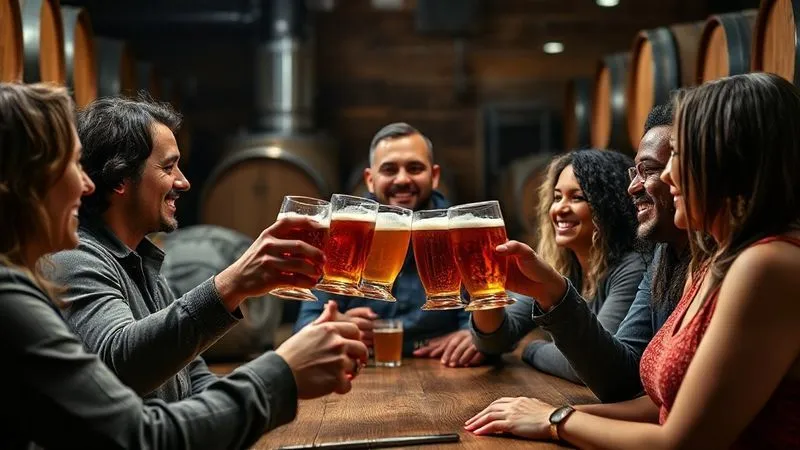 A photorealistic image of a group of diverse, happy people respectfully enjoying a craft beer tasting in a barrel room, clinking glasses, with a brewery owner smiling in the background. Cinematic lighting, sharp focus on the glasses, depth of field, 8K hyper-detailed, professional photography, shot on a high-end DSLR. A photorealistic image of a group of diverse, happy people respectfully enjoying a craft beer tasting in a barrel room, clinking glasses, with a brewery owner smiling in the background. Cinematic lighting, sharp focus on the glasses, depth of field, 8K hyper-detailed, professional photography, shot on a high-end DSLR.