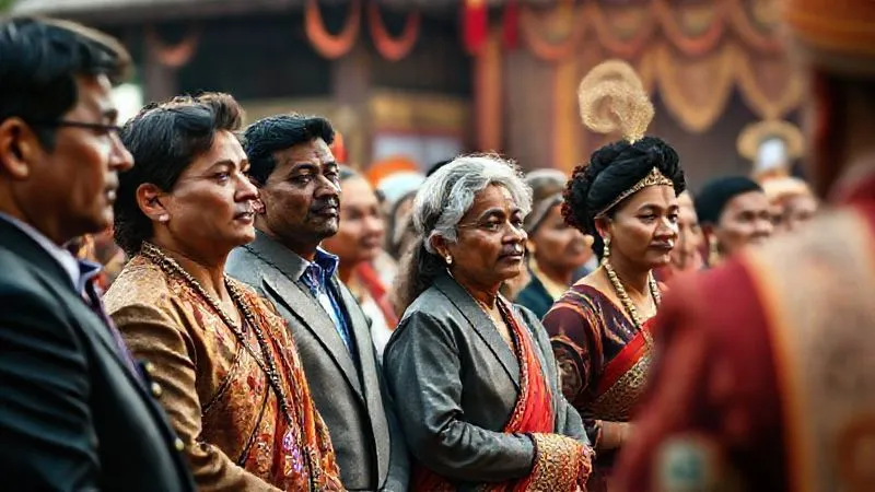 A photorealistic, professional photography, 8K, cinematic lighting, sharp focus, depth of field shot on a high-end DSLR, depicting a diverse group of well-dressed clients observing a traditional festival ceremony from a respectful distance, their faces showing deep engagement and reverence, with local community members in the foreground naturally participating. A photorealistic, professional photography, 8K, cinematic lighting, sharp focus, depth of field shot on a high-end DSLR, depicting a diverse group of well-dressed clients observing a traditional festival ceremony from a respectful distance, their faces showing deep engagement and reverence, with local community members in the foreground naturally participating.