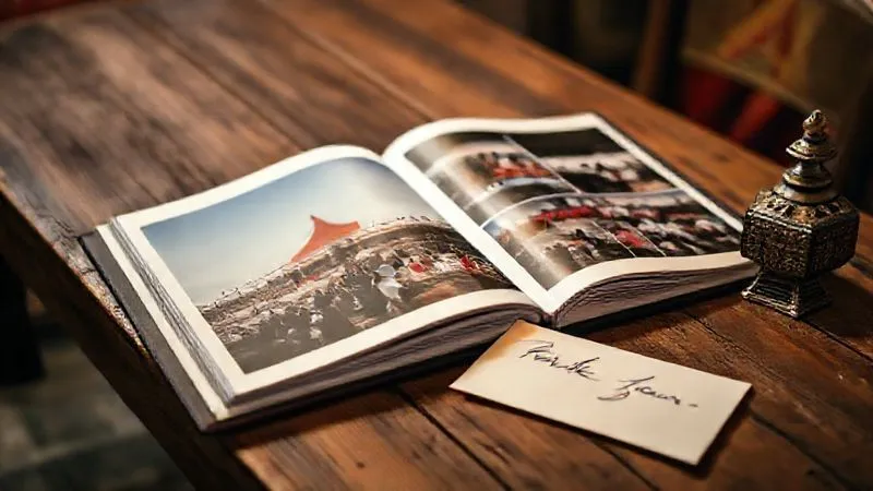 A photorealistic, professional photography, 8K, cinematic lighting, sharp focus, depth of field shot on a high-end DSLR, depicting a beautifully bound photo album open to a spread of vibrant festival images, resting on a rustic wooden table next to a handwritten thank you note and a small, elegant traditional artifact, suggesting thoughtful post-event follow-up. A photorealistic, professional photography, 8K, cinematic lighting, sharp focus, depth of field shot on a high-end DSLR, depicting a beautifully bound photo album open to a spread of vibrant festival images, resting on a rustic wooden table next to a handwritten thank you note and a small, elegant traditional artifact, suggesting thoughtful post-event follow-up.