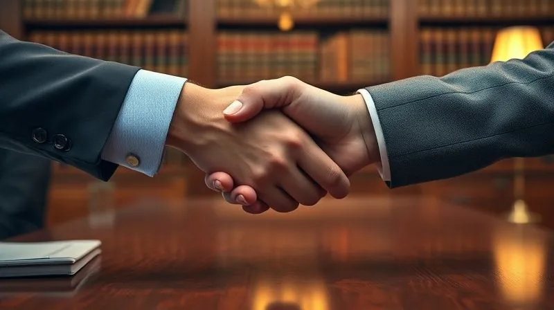 photorealistic, professional photography, 8K, cinematic lighting, sharp focus, depth of field, shot on a high-end DSLR. A close-up of two hands shaking firmly over a mahogany desk, symbolizing a discreet, trusted business agreement. The background shows a subtly blurred opulent study with leather-bound books and warm, indirect lighting.