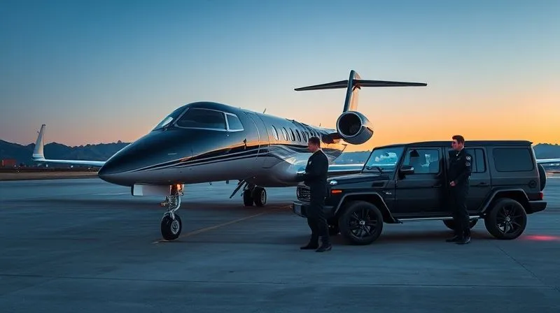 photorealistic, professional photography, 8K, cinematic lighting, sharp focus, depth of field, shot on a high-end DSLR. A sleek, discreet private jet waiting on a secluded tarmac at dawn, its engines idling. A black armored SUV is parked nearby, and two professional-looking security personnel stand alert, symbolizing readiness for swift, secure departure. The mood is calm, efficient, and highly secure.