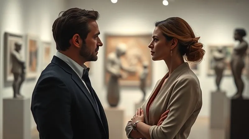 A photorealistic image of two elegantly dressed individuals having a deep, engaging conversation in a hushed, contemporary art gallery, surrounded by thought-provoking sculptures. Cinematic lighting, sharp focus on their faces, subtle depth of field blurring the background art, 8K hyper-detailed, professional photography, shot on a high-end DSLR. A photorealistic image of two elegantly dressed individuals having a deep, engaging conversation in a hushed, contemporary art gallery, surrounded by thought-provoking sculptures. Cinematic lighting, sharp focus on their faces, subtle depth of field blurring the background art, 8K hyper-detailed, professional photography, shot on a high-end DSLR.