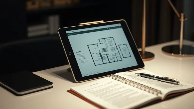 A photorealistic, professional photography, 8K, cinematic lighting, sharp focus, depth of field, shot on a high-end DSLR, of an elegant, minimalist desk setup featuring a high-end tablet displaying an art exhibition floor plan, next to a stylish notebook and pen. The background is subtly blurred, suggesting a luxury travel office or art advisor's private study, conveying organization and privileged planning. A photorealistic, professional photography, 8K, cinematic lighting, sharp focus, depth of field, shot on a high-end DSLR, of an elegant, minimalist desk setup featuring a high-end tablet displaying an art exhibition floor plan, next to a stylish notebook and pen. The background is subtly blurred, suggesting a luxury travel office or art advisor's private study, conveying organization and privileged planning.
