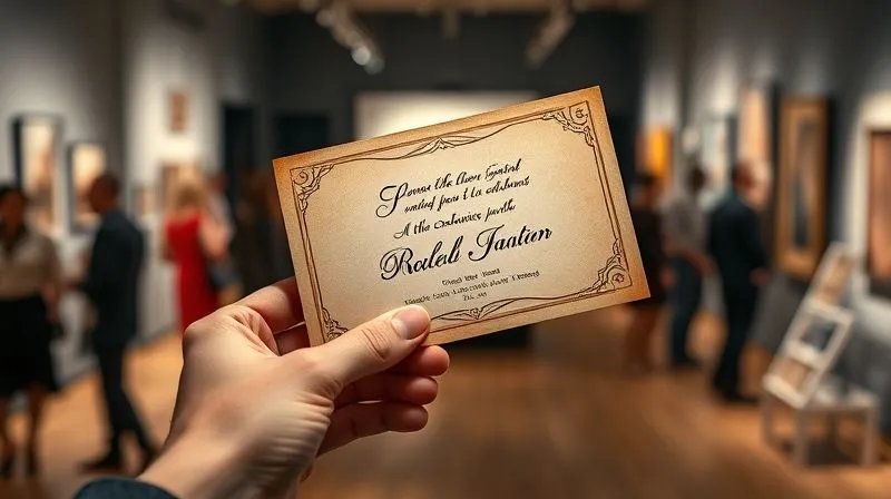 A photorealistic, professional photography, 8K, cinematic lighting, sharp focus, depth of field, shot on a high-end DSLR, of a hand gently holding a vintage-looking, slightly aged invitation card with elegant script, against a blurred background of a bustling gallery space, suggesting an exclusive, early access event. The card is the focal point, conveying anticipation and privilege. A photorealistic, professional photography, 8K, cinematic lighting, sharp focus, depth of field, shot on a high-end DSLR, of a hand gently holding a vintage-looking, slightly aged invitation card with elegant script, against a blurred background of a bustling gallery space, suggesting an exclusive, early access event. The card is the focal point, conveying anticipation and privilege.