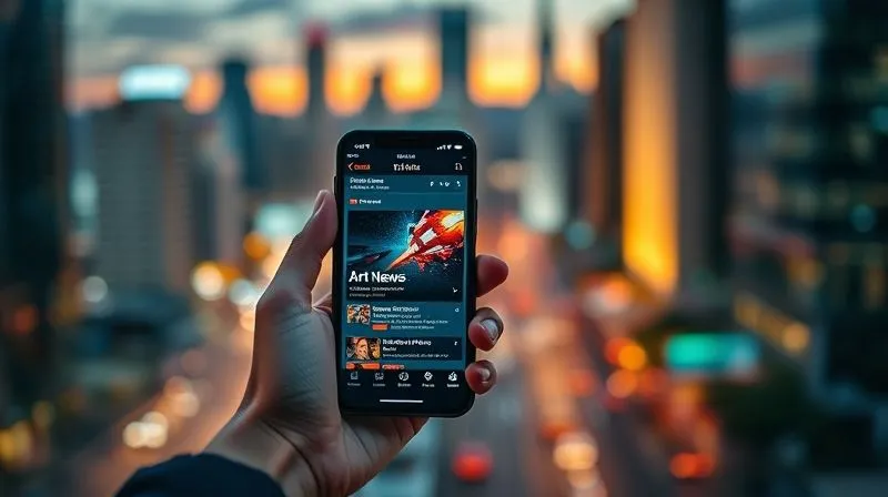 A photorealistic, professional photography, 8K, cinematic lighting, sharp focus, depth of field, shot on a high-end DSLR, of a person's hand holding a smartphone, displaying a specialized art news app with real-time alerts. The screen is in sharp focus, while the background shows a blurred, vibrant cityscape at dusk, hinting at global connections and immediate information access. A photorealistic, professional photography, 8K, cinematic lighting, sharp focus, depth of field, shot on a high-end DSLR, of a person's hand holding a smartphone, displaying a specialized art news app with real-time alerts. The screen is in sharp focus, while the background shows a blurred, vibrant cityscape at dusk, hinting at global connections and immediate information access.