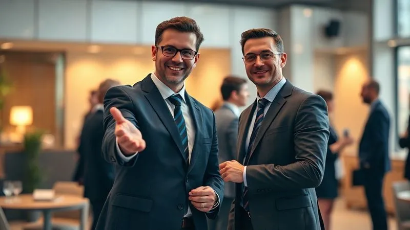 photorealistic, professional photography, 8K, cinematic lighting, sharp focus, depth of field, shot on a high-end DSLR, two business professionals in tailored attire, one confidently extending a hand to the other in a modern, well-lit networking lounge, blurred background of other professionals interacting, conveying a sense of genuine connection and opportunity. photorealistic, professional photography, 8K, cinematic lighting, sharp focus, depth of field, shot on a high-end DSLR, two business professionals in tailored attire, one confidently extending a hand to the other in a modern, well-lit networking lounge, blurred background of other professionals interacting, conveying a sense of genuine connection and opportunity.