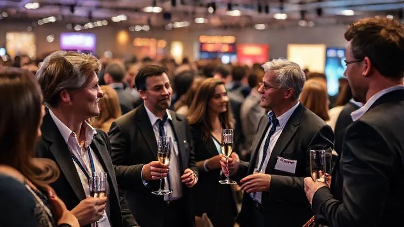 A photorealistic wide shot of a bustling film festival networking event, executives in professional attire exchanging business cards, a glass of champagne in hand, soft cinematic lighting, sharp focus on the interaction in the foreground, depth of field blurring the busy background, 8K, shot on a high-end DSLR, conveying energy and opportunity. A photorealistic wide shot of a bustling film festival networking event, executives in professional attire exchanging business cards, a glass of champagne in hand, soft cinematic lighting, sharp focus on the interaction in the foreground, depth of field blurring the busy background, 8K, shot on a high-end DSLR, conveying energy and opportunity.