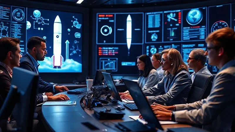 photorealistic, professional photography, 8K, cinematic lighting, sharp focus, depth of field, shot on a high-end DSLR. A diverse team of engineers, scientists, and business professionals collaborating intensely in a futuristic control room, holographic displays showing rocket designs and financial projections, a sense of focused determination and innovation.