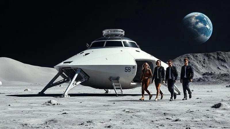 photorealistic, professional photography, 8K, cinematic lighting, sharp focus, depth of field, shot on a high-end DSLR. A sleek, futuristic lunar lander docked at a minimalist lunar base, with Earth visible in the background. A group of diverse 'space tourists' in stylish suits are disembarking, conveying luxury and adventure.