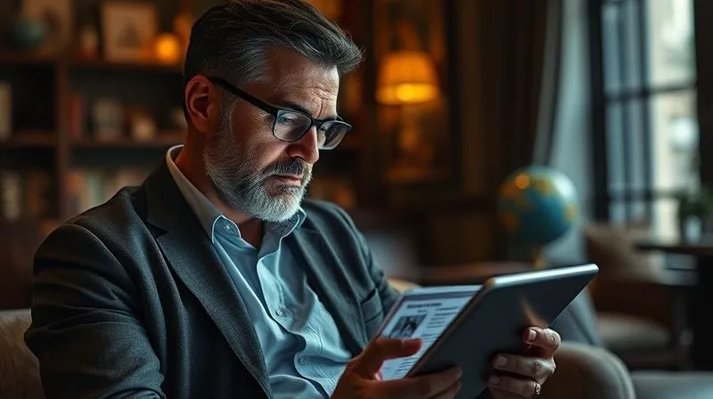 photorealistic, professional photography, 8K, cinematic lighting, sharp focus, depth of field, shot on a high-end DSLR: A high-end travel advisor in a luxurious, dimly lit study, reviewing a detailed client profile on a tablet. The tablet screen shows discreet information about preferences and past travel, while the advisor's expression is one of deep concentration and understanding. Subtle hints of a globe and travel mementos are in the background, out of focus. photorealistic, professional photography, 8K, cinematic lighting, sharp focus, depth of field, shot on a high-end DSLR: A high-end travel advisor in a luxurious, dimly lit study, reviewing a detailed client profile on a tablet. The tablet screen shows discreet information about preferences and past travel, while the advisor's expression is one of deep concentration and understanding. Subtle hints of a globe and travel mementos are in the background, out of focus.