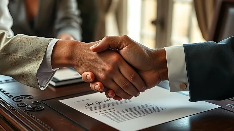 photorealistic, professional photography, 8K, cinematic lighting, sharp focus, depth of field, shot on a high-end DSLR: A close-up, elegant shot of two hands (one belonging to a sophisticated travel advisor, the other to a resort owner/manager) shaking hands over a beautifully detailed, antique desk, with a glimpse of a discreetly signed document. The lighting is soft and luxurious, emphasizing trust and a private agreement. photorealistic, professional photography, 8K, cinematic lighting, sharp focus, depth of field, shot on a high-end DSLR: A close-up, elegant shot of two hands (one belonging to a sophisticated travel advisor, the other to a resort owner/manager) shaking hands over a beautifully detailed, antique desk, with a glimpse of a discreetly signed document. The lighting is soft and luxurious, emphasizing trust and a private agreement.