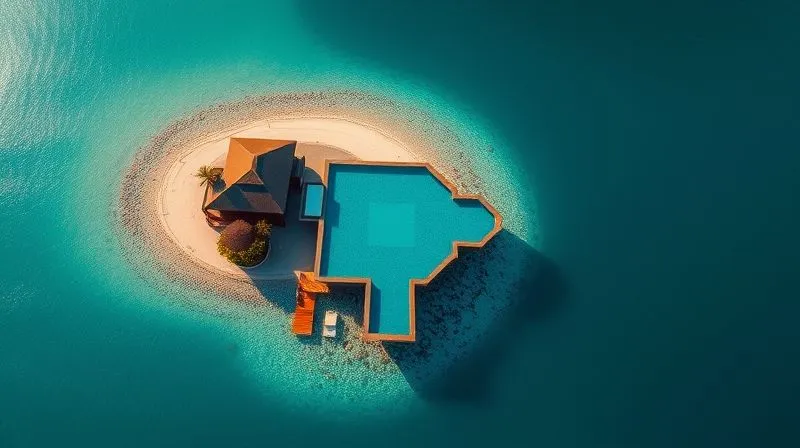 photorealistic, professional photography, 8K, cinematic lighting, sharp focus, depth of field, shot on a high-end DSLR: A breathtaking aerial view of a completely private, secluded luxury island villa in the Maldives, with an infinity pool blending into the turquoise ocean. There are no other visible structures or people, emphasizing extreme privacy and untouched natural beauty. The sunlight is golden, casting soft shadows. photorealistic, professional photography, 8K, cinematic lighting, sharp focus, depth of field, shot on a high-end DSLR: A breathtaking aerial view of a completely private, secluded luxury island villa in the Maldives, with an infinity pool blending into the turquoise ocean. There are no other visible structures or people, emphasizing extreme privacy and untouched natural beauty. The sunlight is golden, casting soft shadows.