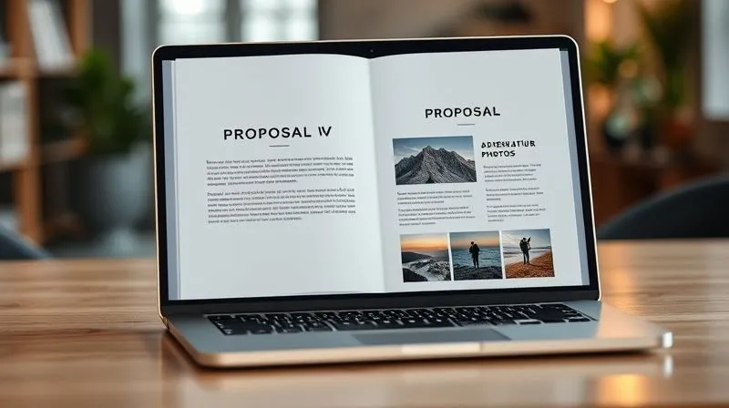 A photorealistic image of a professional, minimalist proposal document for adventure nature photography services, open on a sleek laptop. The document features clean typography and placeholders for stunning adventure photos. Cinematic lighting, sharp focus on the text and images, depth of field blurring the background office environment. 8K hyper-detailed, shot on a high-end DSLR.