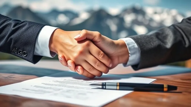 A photorealistic, professional photography image of two hands shaking firmly over a legal contract, with a pen resting nearby. The background subtly features a blurred image of a majestic mountain range, symbolizing agreement in adventure photography. Cinematic lighting, sharp focus on the hands and contract, depth of field blurring the background. 8K hyper-detailed, shot on a high-end DSLR.