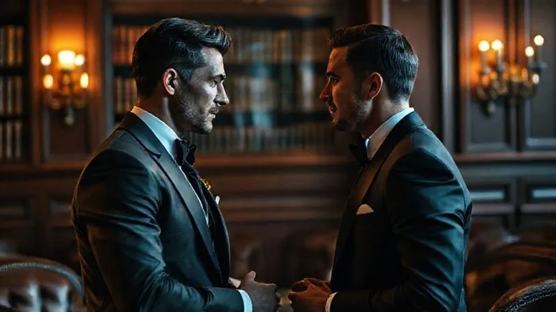 A photorealistic image of two elegantly dressed individuals having a discreet, intimate conversation in a dimly lit, opulent private club, with antique books and rich wood paneling in the background. Their body language suggests a deep, trusting exchange, sharp focus on their faces, cinematic lighting, 8K, shot on a high-end DSLR, depth of field blurring the background. A photorealistic image of two elegantly dressed individuals having a discreet, intimate conversation in a dimly lit, opulent private club, with antique books and rich wood paneling in the background. Their body language suggests a deep, trusting exchange, sharp focus on their faces, cinematic lighting, 8K, shot on a high-end DSLR, depth of field blurring the background.