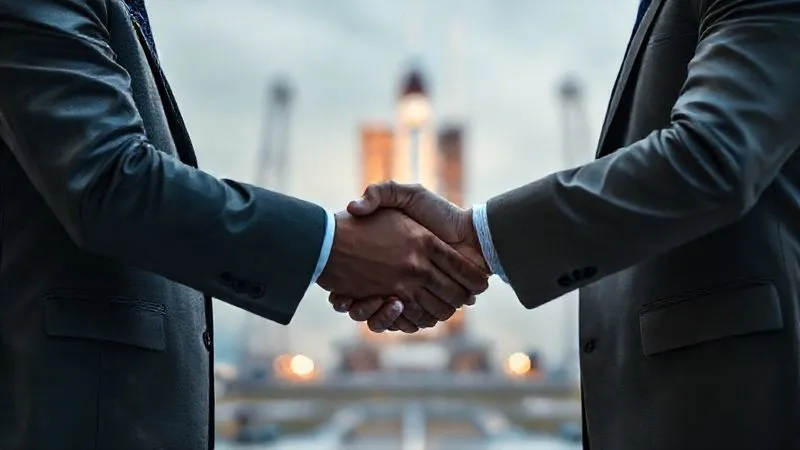 A photorealistic, professional photography, 8K, cinematic lighting, sharp focus, depth of field, shot on a high-end DSLR. Two diverse business leaders shaking hands firmly, with a blurry background showing a futuristic spaceport and a rocket on a launchpad, symbolizing a successful strategic partnership for space tourism. The handshake is central and conveys trust and shared vision. A photorealistic, professional photography, 8K, cinematic lighting, sharp focus, depth of field, shot on a high-end DSLR. Two diverse business leaders shaking hands firmly, with a blurry background showing a futuristic spaceport and a rocket on a launchpad, symbolizing a successful strategic partnership for space tourism. The handshake is central and conveys trust and shared vision.