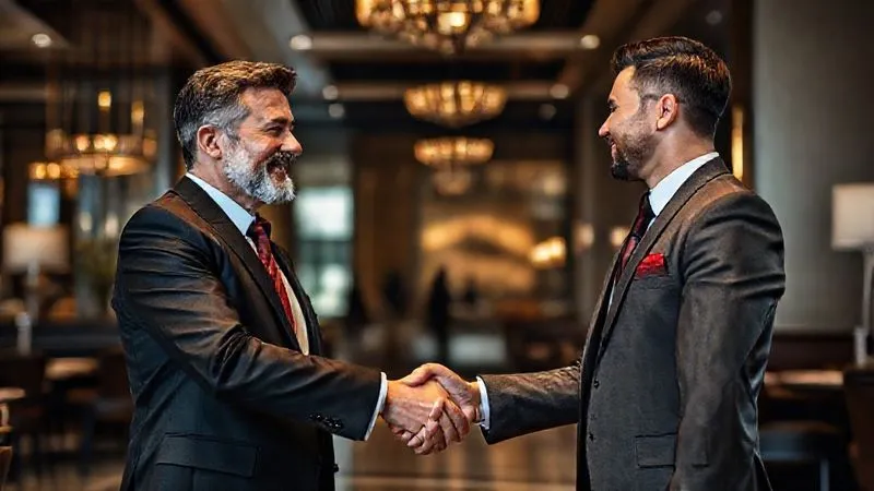 A photorealistic image of two impeccably dressed professionals, a restaurant general manager and a luxury concierge, shaking hands warmly in a sophisticated restaurant lobby, a subtle understanding passing between them. Professional photography, 8K, cinematic lighting, sharp focus on their hands and faces, depth of field blurring the background, shot on a high-end DSLR. A photorealistic image of two impeccably dressed professionals, a restaurant general manager and a luxury concierge, shaking hands warmly in a sophisticated restaurant lobby, a subtle understanding passing between them. Professional photography, 8K, cinematic lighting, sharp focus on their hands and faces, depth of field blurring the background, shot on a high-end DSLR.