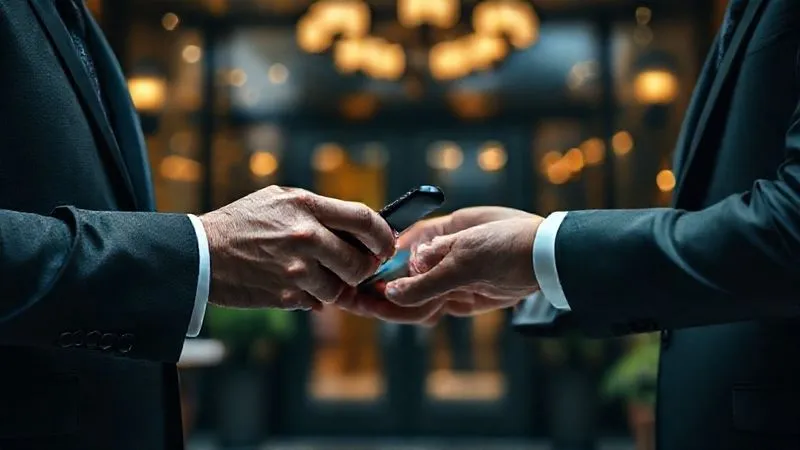 A photorealistic image of a subtle, elegant negotiation taking place over a smartphone, with a blurred background of a high-end restaurant entrance. The focus is on the professionalism of the interaction, symbolizing ethical problem-solving, not illicit dealings. Professional photography, 8K, cinematic lighting, sharp focus on the phone and hands, depth of field, shot on a high-end DSLR. A photorealistic image of a subtle, elegant negotiation taking place over a smartphone, with a blurred background of a high-end restaurant entrance. The focus is on the professionalism of the interaction, symbolizing ethical problem-solving, not illicit dealings. Professional photography, 8K, cinematic lighting, sharp focus on the phone and hands, depth of field, shot on a high-end DSLR.