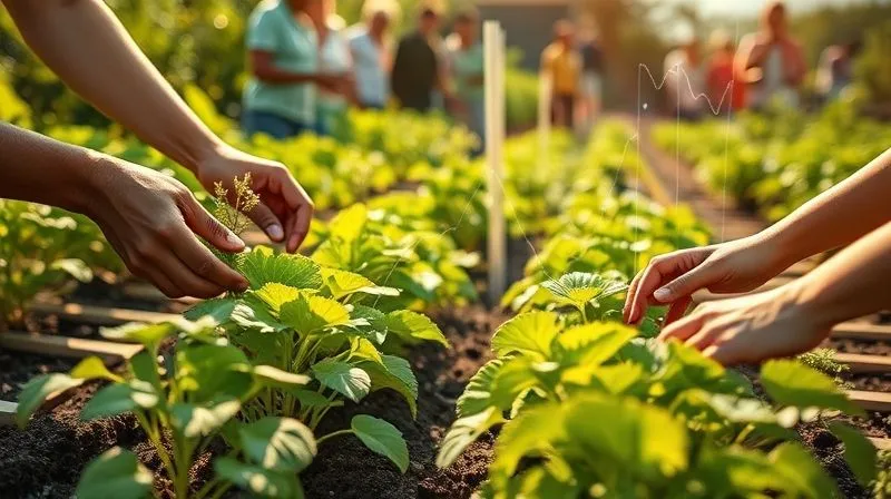 A photorealistic, professional photography image of a thriving community garden, with diverse hands tending to vibrant plants. In the foreground, a transparent, glowing overlay of financial graphs and data points is subtly integrated, representing the dual return of impact investment. The scene is bathed in warm, natural light, symbolizing growth and sustainability. Sharp focus on the hands and plants, depth of field blurring the background community. 8K hyper-detailed, shot on a high-end DSLR. A photorealistic, professional photography image of a thriving community garden, with diverse hands tending to vibrant plants. In the foreground, a transparent, glowing overlay of financial graphs and data points is subtly integrated, representing the dual return of impact investment. The scene is bathed in warm, natural light, symbolizing growth and sustainability. Sharp focus on the hands and plants, depth of field blurring the background community. 8K hyper-detailed, shot on a high-end DSLR.
