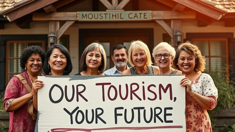 A photorealistic, professional photography image of a diverse group of community members, smiling and proudly holding up a hand-painted sign that reads 'Our Tourism, Our Future'. They are standing in front of a well-maintained community-owned guesthouse or cultural center, bathed in warm, inviting sunlight. Sharp focus on the people and sign, depth of field subtly blurring the background architecture. 8K hyper-detailed, shot on a high-end DSLR. A photorealistic, professional photography image of a diverse group of community members, smiling and proudly holding up a hand-painted sign that reads 'Our Tourism, Our Future'. They are standing in front of a well-maintained community-owned guesthouse or cultural center, bathed in warm, inviting sunlight. Sharp focus on the people and sign, depth of field subtly blurring the background architecture. 8K hyper-detailed, shot on a high-end DSLR.
