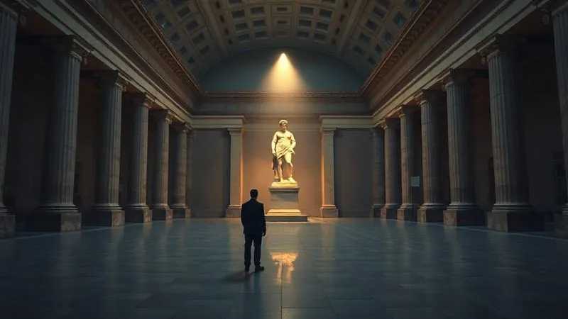 Photorealistic, professional photography, 8K, cinematic lighting, sharp focus, depth of field, shot on a high-end DSLR. A lone figure stands in the quiet, empty hall of a grand, ancient museum at twilight, a single spotlight illuminating a famous sculpture, evoking a sense of awe and exclusive serenity. Photorealistic, professional photography, 8K, cinematic lighting, sharp focus, depth of field, shot on a high-end DSLR. A lone figure stands in the quiet, empty hall of a grand, ancient museum at twilight, a single spotlight illuminating a famous sculpture, evoking a sense of awe and exclusive serenity.