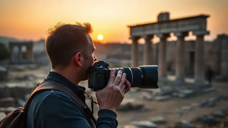 Photorealistic, professional photography, 8K, cinematic lighting, sharp focus, depth of field, shot on a high-end DSLR. A person holding a high-end camera with a long lens, looking intently at an ancient ruin at dusk, suggesting a professional photographer or documentarian at work, with no other tourists in sight. Photorealistic, professional photography, 8K, cinematic lighting, sharp focus, depth of field, shot on a high-end DSLR. A person holding a high-end camera with a long lens, looking intently at an ancient ruin at dusk, suggesting a professional photographer or documentarian at work, with no other tourists in sight.