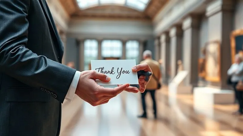 Photorealistic, professional photography, 8K, cinematic lighting, sharp focus, depth of field, shot on a high-end DSLR. A discreet, elegant thank you card being handed to a museum curator by a well-dressed visitor, against a blurred background of a grand museum hall, emphasizing professionalism and gratitude. Photorealistic, professional photography, 8K, cinematic lighting, sharp focus, depth of field, shot on a high-end DSLR. A discreet, elegant thank you card being handed to a museum curator by a well-dressed visitor, against a blurred background of a grand museum hall, emphasizing professionalism and gratitude.