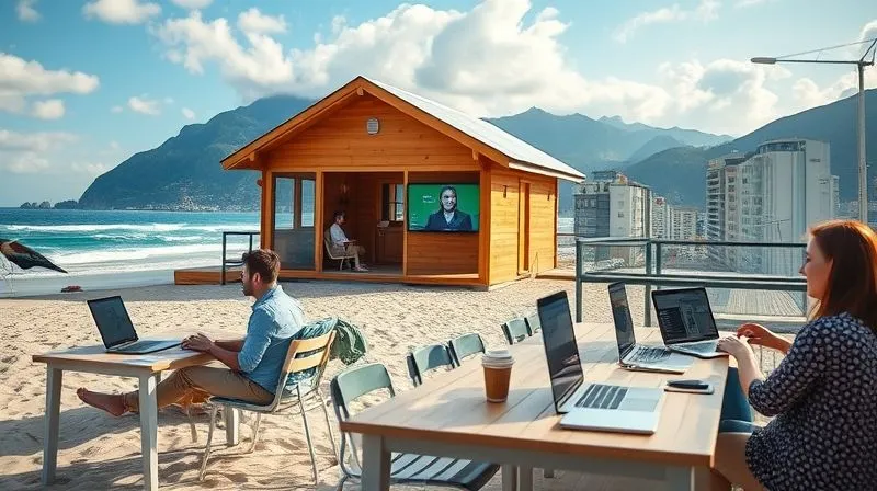 Photorealistic, professional photography, 8K, cinematic lighting, sharp focus, depth of field, shot on a high-end DSLR of a diverse group of professionals working remotely from different scenic locations around the world – one on a beach with a laptop, another in a mountain cabin on a video call, and a third in a bustling co-working space in a foreign city. The image should convey productivity, freedom, and global connectivity. Photorealistic, professional photography, 8K, cinematic lighting, sharp focus, depth of field, shot on a high-end DSLR of a diverse group of professionals working remotely from different scenic locations around the world – one on a beach with a laptop, another in a mountain cabin on a video call, and a third in a bustling co-working space in a foreign city. The image should convey productivity, freedom, and global connectivity.