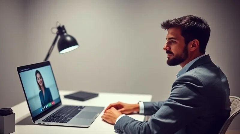 Photorealistic, professional photography, 8K, cinematic lighting, sharp focus, depth of field, shot on a high-end DSLR of a person engaged in a virtual job interview, sitting at a clean, minimalist desk setup in a well-lit room. The laptop screen shows a professional video call, and the person is looking directly at the camera, wearing professional attire. The background is simple and non-distracting, conveying professionalism and focus. Photorealistic, professional photography, 8K, cinematic lighting, sharp focus, depth of field, shot on a high-end DSLR of a person engaged in a virtual job interview, sitting at a clean, minimalist desk setup in a well-lit room. The laptop screen shows a professional video call, and the person is looking directly at the camera, wearing professional attire. The background is simple and non-distracting, conveying professionalism and focus.