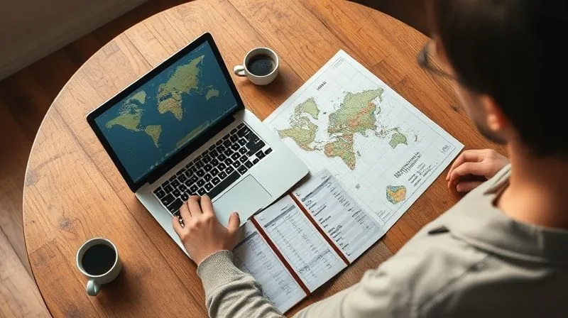 Photorealistic, professional photography, 8K, cinematic lighting, sharp focus, depth of field, shot on a high-end DSLR of a person sitting at a simple wooden table, meticulously planning a travel itinerary on a laptop, with a world map spread out and a budget spreadsheet open. A small, well-worn travel journal and a cup of coffee are nearby. The scene evokes thoughtful planning and efficient resource management for long-term travel. Photorealistic, professional photography, 8K, cinematic lighting, sharp focus, depth of field, shot on a high-end DSLR of a person sitting at a simple wooden table, meticulously planning a travel itinerary on a laptop, with a world map spread out and a budget spreadsheet open. A small, well-worn travel journal and a cup of coffee are nearby. The scene evokes thoughtful planning and efficient resource management for long-term travel.