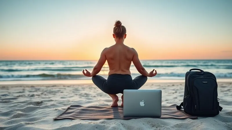 Photorealistic, professional photography, 8K, cinematic lighting, sharp focus, depth of field, shot on a high-end DSLR of a person doing yoga or meditating peacefully on a tranquil beach at sunrise, with a laptop and a small backpack neatly placed on a nearby mat, symbolizing the balance between professional well-being and travel. The scene should evoke calm, mindfulness, and the integration of work-life balance. Photorealistic, professional photography, 8K, cinematic lighting, sharp focus, depth of field, shot on a high-end DSLR of a person doing yoga or meditating peacefully on a tranquil beach at sunrise, with a laptop and a small backpack neatly placed on a nearby mat, symbolizing the balance between professional well-being and travel. The scene should evoke calm, mindfulness, and the integration of work-life balance.