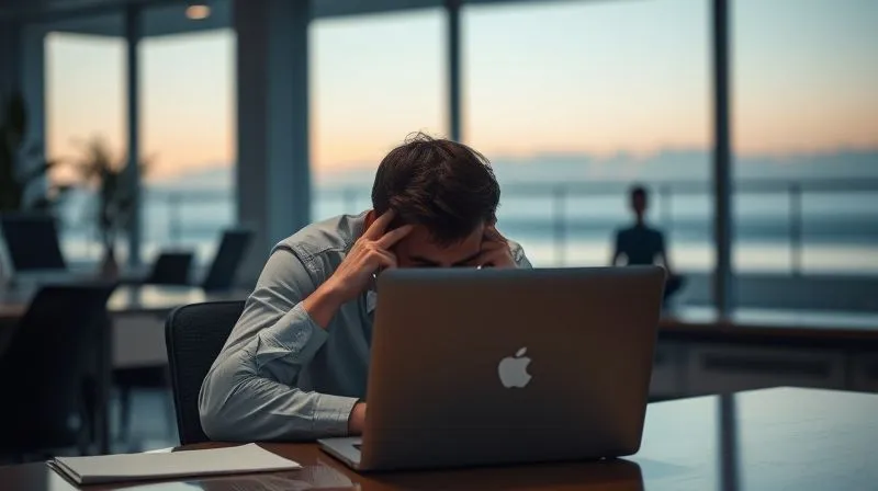 A professional looking individual, visibly stressed and hunched over a laptop in a dimly lit office, contrasting with a serene, blurred background of a tranquil beach with someone meditating, symbolizing the urgent need for escape. Photorealistic, professional photography, 8K, cinematic lighting, sharp focus, depth of field, shot on a high-end DSLR. A professional looking individual, visibly stressed and hunched over a laptop in a dimly lit office, contrasting with a serene, blurred background of a tranquil beach with someone meditating, symbolizing the urgent need for escape. Photorealistic, professional photography, 8K, cinematic lighting, sharp focus, depth of field, shot on a high-end DSLR.