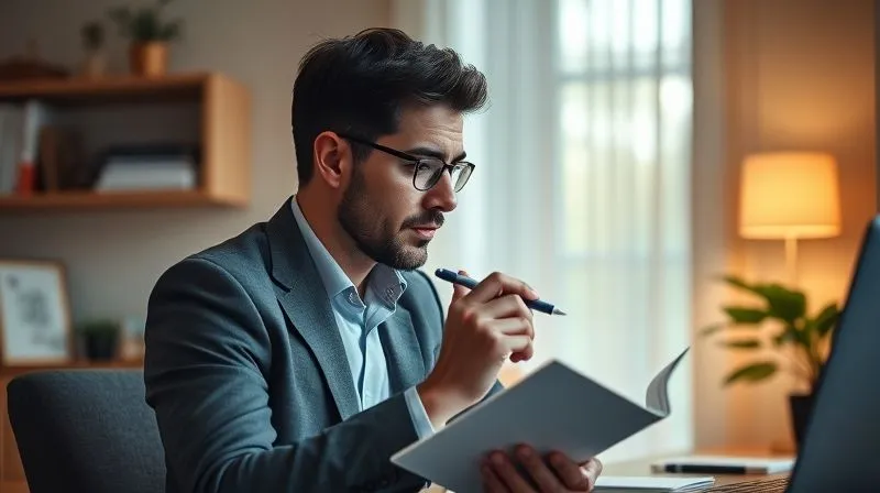 A photorealistic image of an executive in a minimalist, calming home office setting, holding a pen and notebook, deep in thought, perhaps journaling or self-reflecting. Soft, warm light illuminates their face, suggesting introspection and clarity. Professional photography, 8K, cinematic lighting, sharp focus on the executive, depth of field blurring the background, shot on a high-end DSLR.