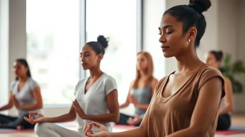 A photorealistic image of a diverse group of professionals engaged in a focused, mindful yoga or meditation session within a modern, serene wellness center. The instructor is gently guiding them. The setting is clean, bright, and calming, emphasizing structured wellness programs. Professional photography, 8K, cinematic lighting, sharp focus on the participants, depth of field blurring the background, shot on a high-end DSLR.