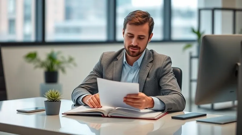 A photorealistic image of an executive, looking refreshed and confident, sitting at a modern desk in a well-lit office, calmly reviewing a planner or journal. A small plant is on the desk, and the overall atmosphere is one of organized peace and renewed focus. Professional photography, 8K, cinematic lighting, sharp focus on the executive, depth of field blurring the background, shot on a high-end DSLR.