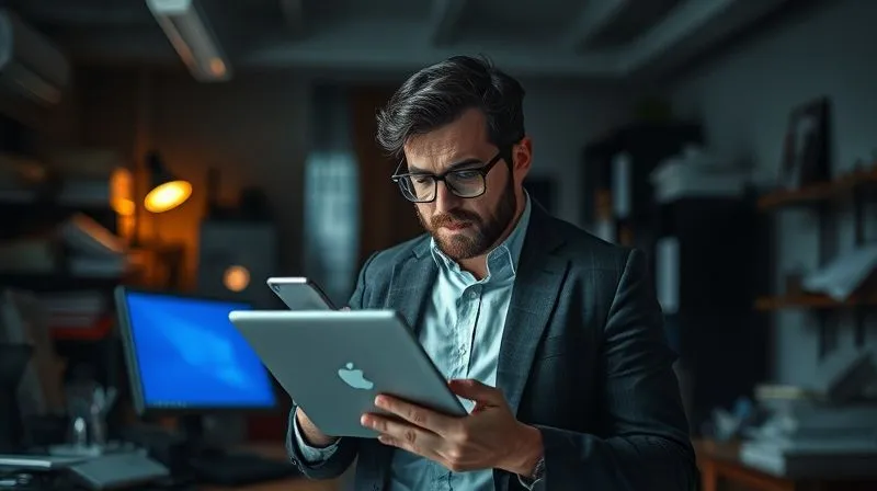 A photorealistic image of a professional looking overwhelmed and stressed, holding a phone and laptop, in a cluttered, dim office space, contrasting sharply with the serene image of recovery. The scene should evoke the feeling of being caught in a cycle of burnout. Professional photography, 8K, cinematic lighting, sharp focus on the individual, depth of field blurring the background, shot on a high-end DSLR.