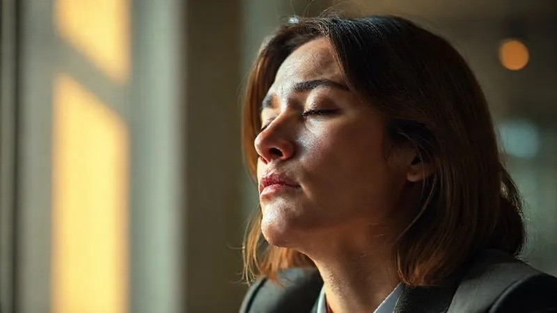 A photorealistic image of a thoughtful executive, eyes closed in contemplation, with subtle visual cues of stress dissolving, bathed in soft, warm light, perhaps a faint aura of calm around them. professional photography, 8K, cinematic lighting, sharp focus, depth of field, shot on a high-end DSLR.