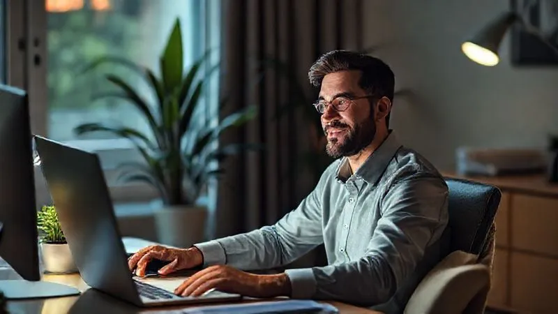 A photorealistic image of an executive, now looking refreshed and centered, sitting at their home office desk, a small potted plant nearby, with a subtle glow of peaceful energy around them, perhaps a yoga mat partially visible in the corner. professional photography, 8K, cinematic lighting, sharp focus, depth of field, shot on a high-end DSLR.